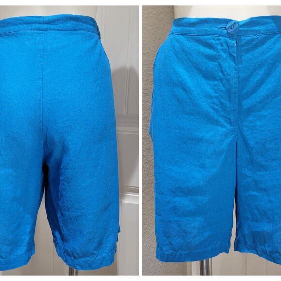 FLAX 100% Linen 2 Pc Tunic~Shorts Size MEDIUM Sapphire Blue Tab Adj Long Sleeves - Picture 4 of 15